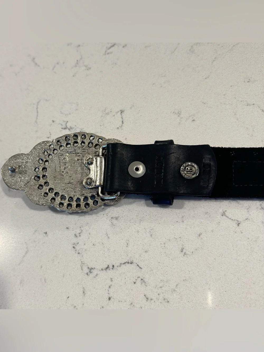 Vintage Leatherrock Studded Black Leather Belt Crystal Buckle Size 36